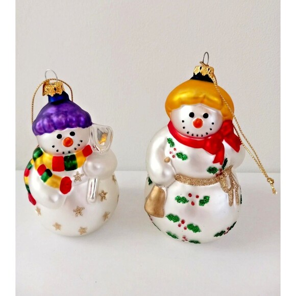 Partylite Snowman Glass Christmas Ornaments Snowbell Boy & Girl Set - Picture 2 of 5